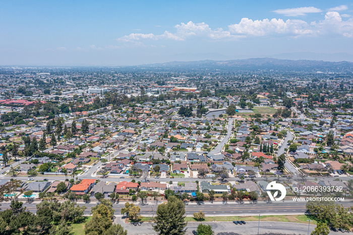 Aerial view of a southern California neighborhood next to a sports park.