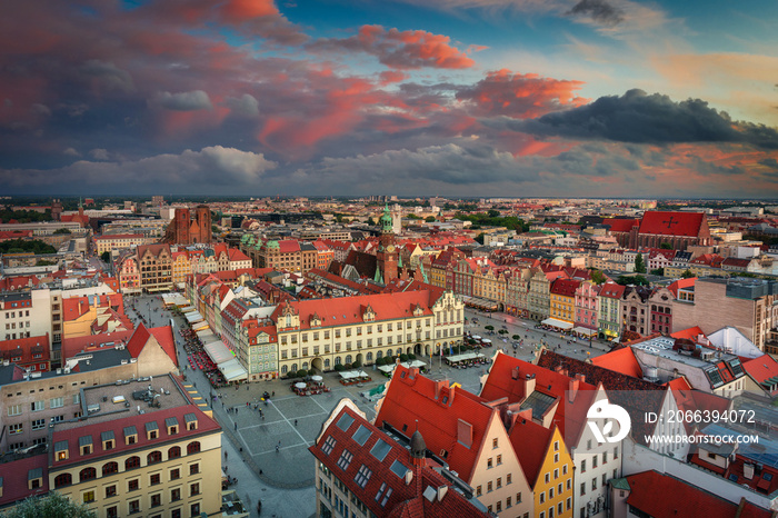 Cityscape of Wroclaw old town at sunset. Poland