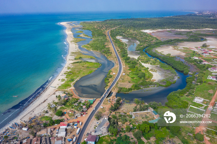 Aerial view of national reserve in south of Gambia, West Africa. Photo made by drone from above.