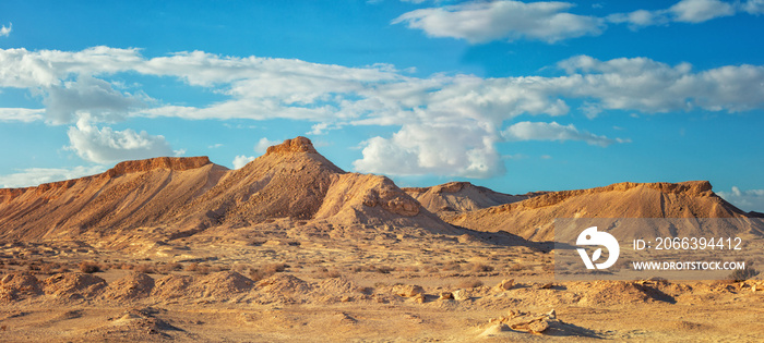 Panoramic view of desert. View of valley with mountains on backdrop. Nature of Israel