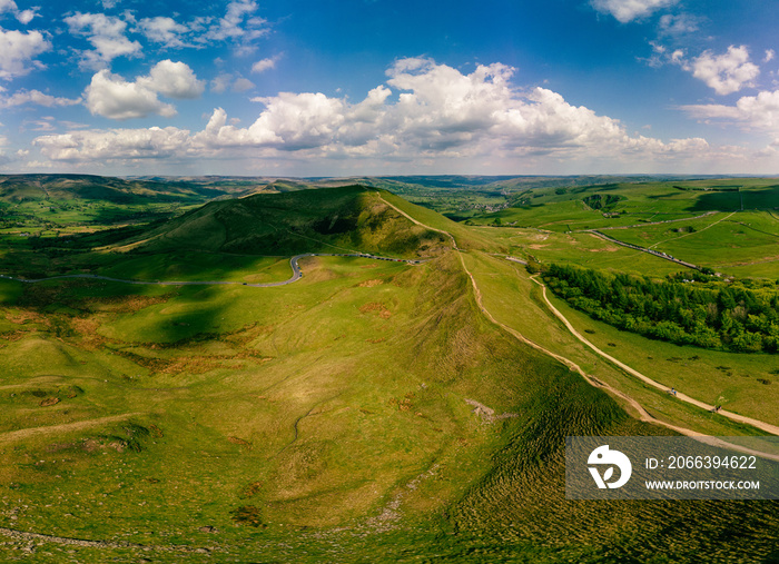 Drone view of Winnats Pass, Peak District National Park, England, UK