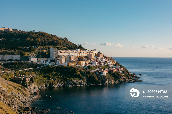 General view of the Sarchal neighborhood at sunrise. Ceuta, Spain