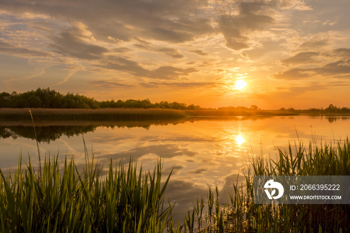 Sunset above the pond or lake with cloudy sky at summer and water reflection.