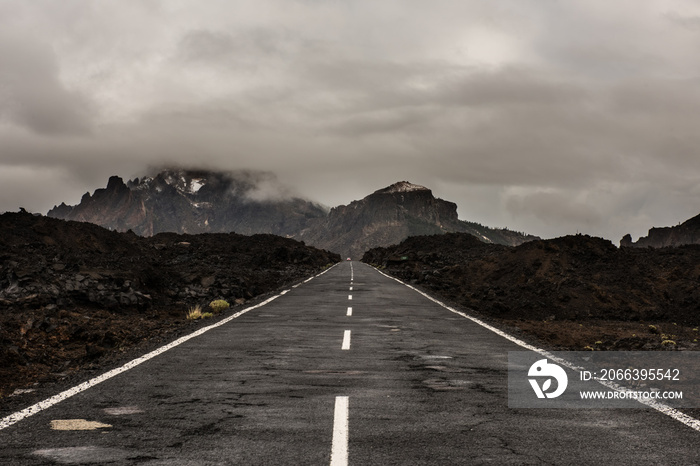 Asphalt road in volcanic desert Tenerife, Canary