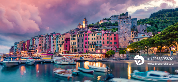 Fantastic spring scene of Portovenere town. Picturesque evening sunset of Mediterranean sea,  Liguria, province of La Spezia, Italy, Europe. Traveling concept background.