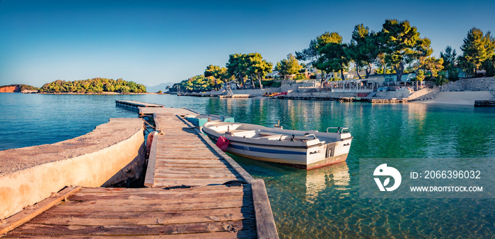 Calm spring view of Ksamil resort. Azure morning seascape of Ionian sea. Amazing landscape of Albania, Europe. Vacation concept background.