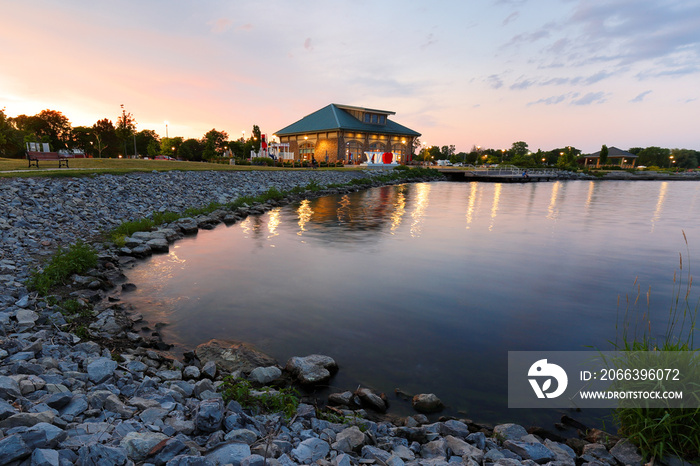 Beautiful sunset of Seneca Lake and Finger Lakes Welcome Center in Finger Lakes region of upstate of New York, Geneva NY USA