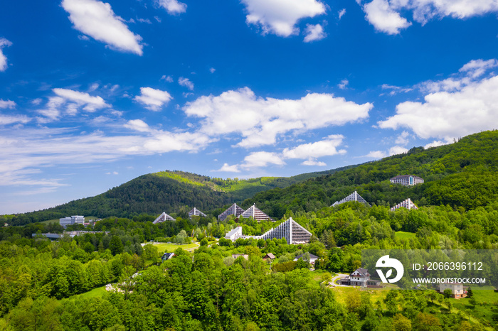 Scenery of the town and health resort in Ustron on the hills of the Silesian Beskids. Poland