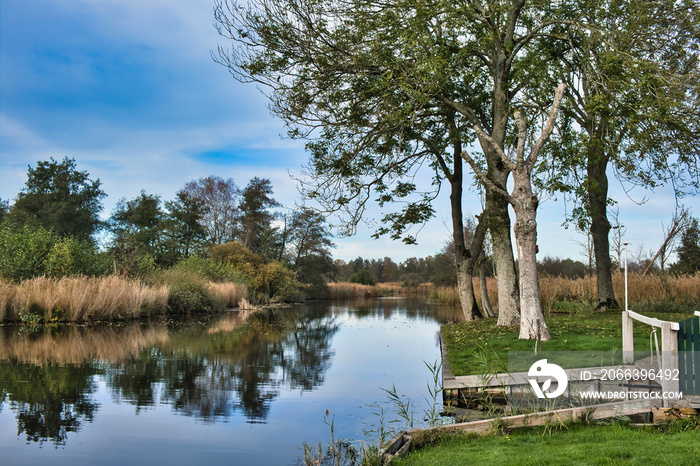 Landscape in National Park Weerribben-Wieden in the Netherlands, the largest bog in North-West Europe, consisting of lakes, ponds, canals, peatlands, reed beds and forests.