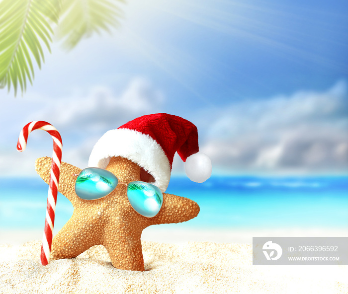 Starfish in Santa Claus hat and candy cane on a summer beach. Merry Christmas.