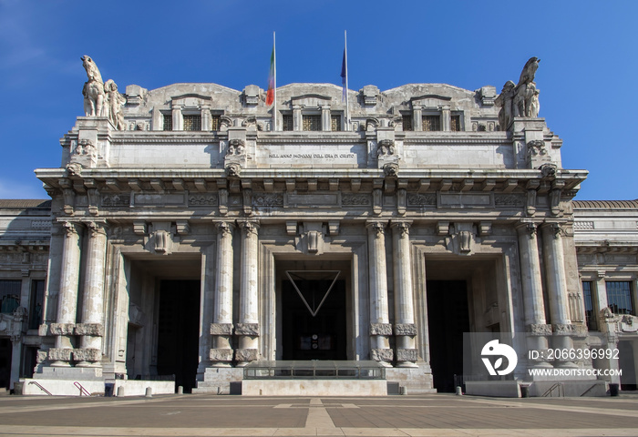 The entrance to Milano Centrale, the main railway station in Milan, Italy