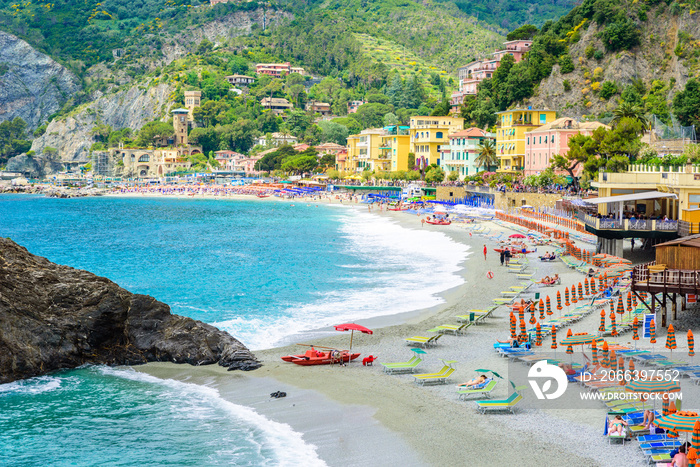 Fegina beach at Monterosso - Village of Cinque Terre National Park at Coast of Italy. Province of La Spezia, Liguria, in the north of Italy - Travel destination for hiking and attraction in Europe.