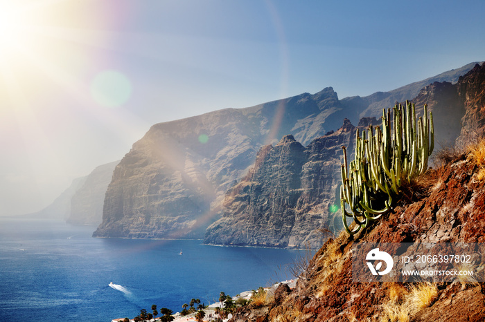 Hermoso paisaje de playa y costa con montañas y vegetación. Escena impresionante, acantilados de los gigantes. Tenerife, Islas Canarias, España