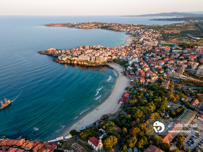 Aerial sunset view of old town and port of Sozopol, Bulgaria