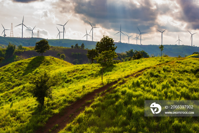 landscape image with Mountain and wind turbine panoramic view.