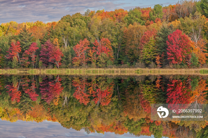 Autumn landscape of the shoreline of Doe Lake with mirrored reflections in calm water, Hiawatha National Forest, Michigan’s Upper Peninsula, USA