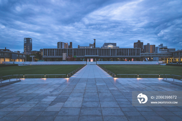 The Hiroshima Peace Memorial Museum in the evening with dramatic cloudscape, Hiroshima, Japan