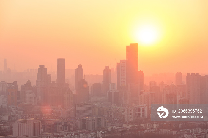 Nanjing, China. Severe air pollution, haze and poor visibility make the tall buildings in the city hard to see clearly