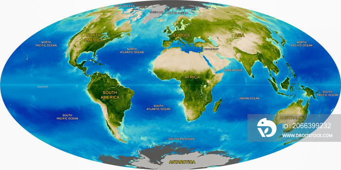 Atlas of the World’s Continents and Oceans, Detailed Earth physical map, Continents map of the world illustration, Illustrated from global satellite photo. Elements of this image furnished by NASA