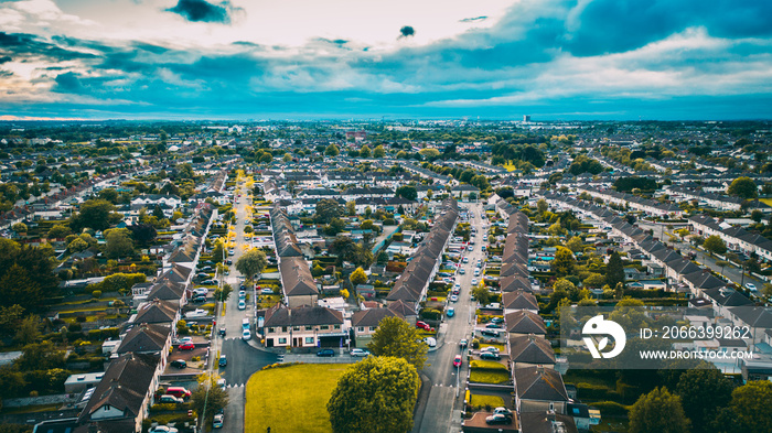 Dublin aerial view of Beaumont village. Irish drone cityscape.