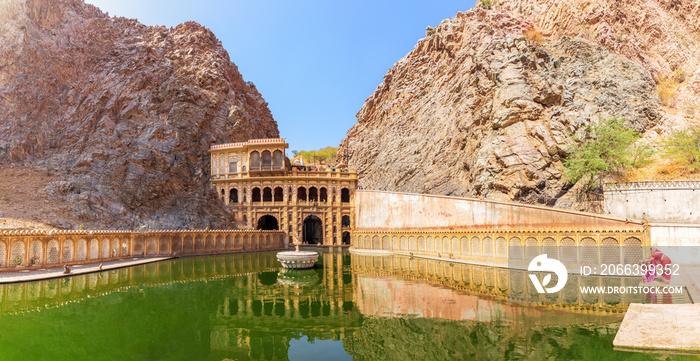 The lower tank of the temple Galta Ji in the Aravalli Hills, Jaipur, Rajasthan, India