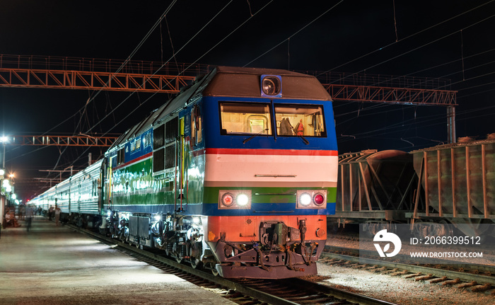 Passenger train at Navoi station in Uzbekistan