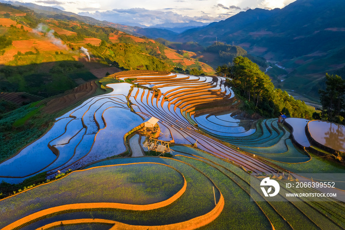 Water on terraces Mu Cang Chai, Yen Bai, Vietnam same world heritage Ifugao rice terraces in Batad, northern Luzon, Philippines.