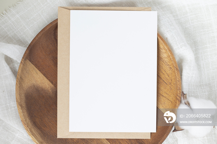 Blank paper cards, Blank greeting card invitation Mockup with craft envelope, Dried Bunny Tail grass