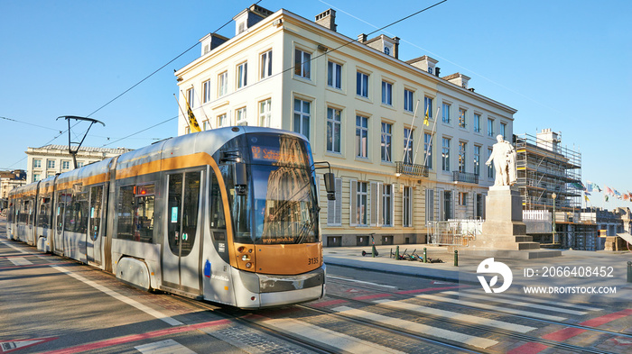 Empty tramway on The Royale street at Brussels during the confinement period.