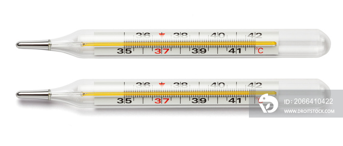 隔离在白底上的医用玻璃温度计