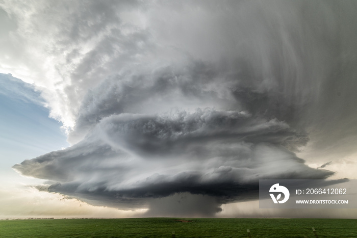 Landscape with massive supercell in the Eastern Texas panhandle, USA. Massive baseball-sized hail fe