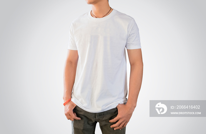 Close up of  man in blank white T-shirt front and rear isolated. Mock up template for design print -