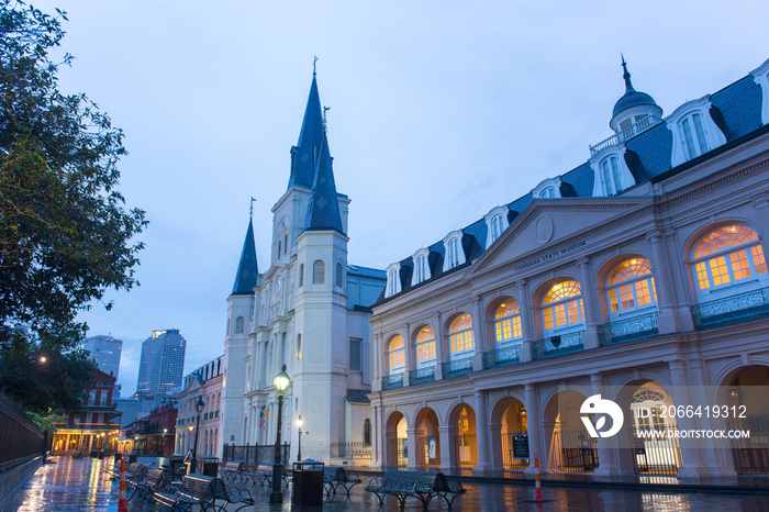 St. Louis Cathedral and Louisiana State Museum at French Quarter in New Orleans, Louisiana, USA.