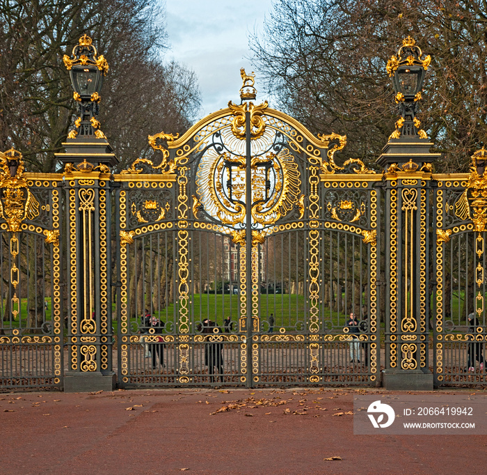 Royal Crest at Buckingham Palace Gate in London, United Kingdom