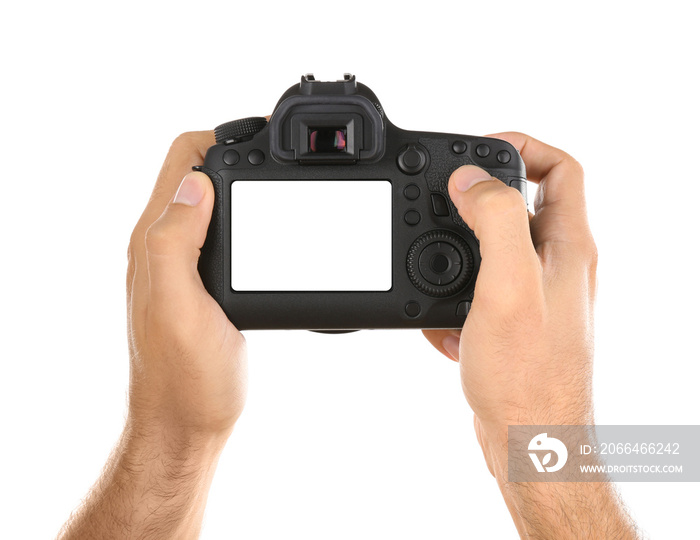 Male hands holding photo camera, isolated on white