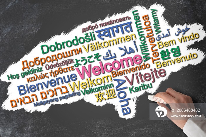 WELCOME in many different languages word cloud on chalkboard