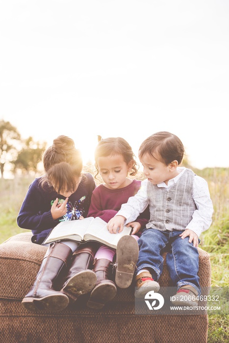 孩子们白天在公园里翻看圣经