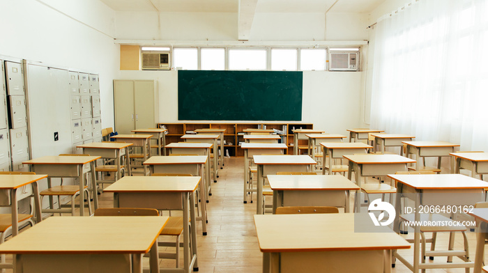 classroom in school, window and sunlight, blackborad and lockers, chairs and tables