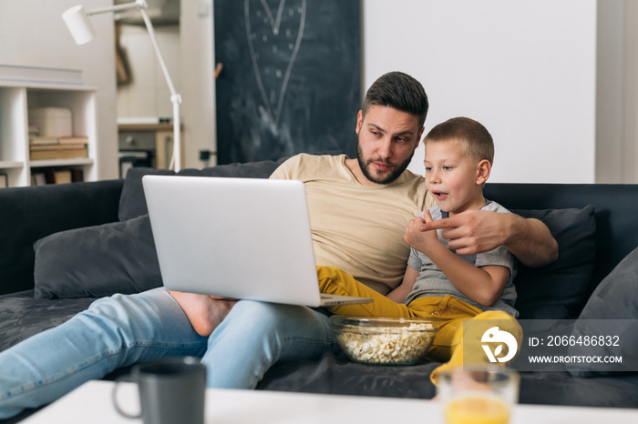 father and son using laptop computer at home