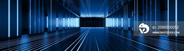 Abstract Corridor Perspective  Hall Digital Technology Background. Blue light in digital hall. 3D Il