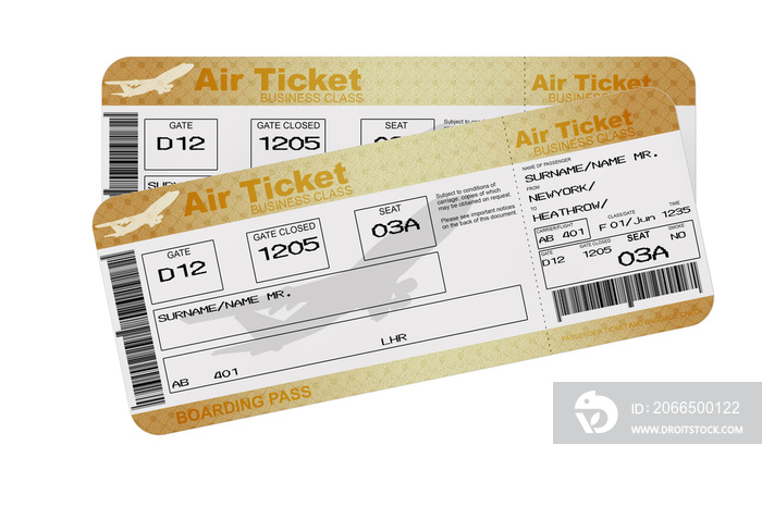 Golden Business or First Class Airline Boarding Pass Fly Air Tickets. 3d Rendering