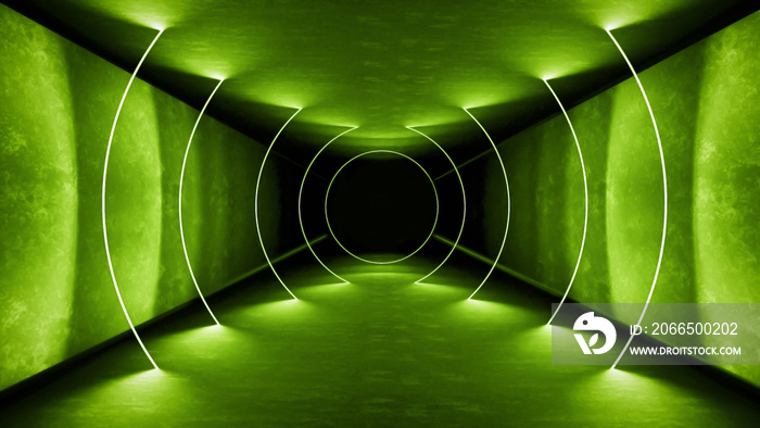 夜总会内部绿光3d渲染，用于激光表演。闪耀的绿色线条。抽象荧光