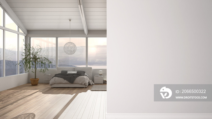 现代极简主义卧室，带双人床，前景墙上有全景窗，室内设计