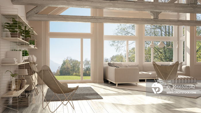 豪华生态屋客厅，镶木地板和木制屋架，夏日全景窗