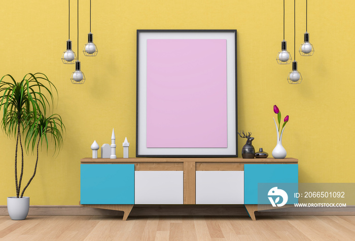 Interior living Room with sideboard and mockup blank poster. 3d render