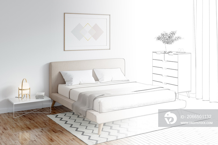 The sketch becomes a real bedroom with a horizontal poster above the double bed, next to it is a lam