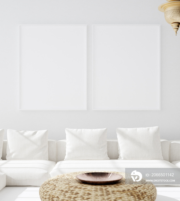 Mock up poster in bohemian living room, Scandi–Boho style, 3d render