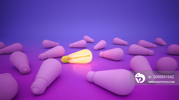 3d rendering out standing Light bulb on purple background.minimalist concept.