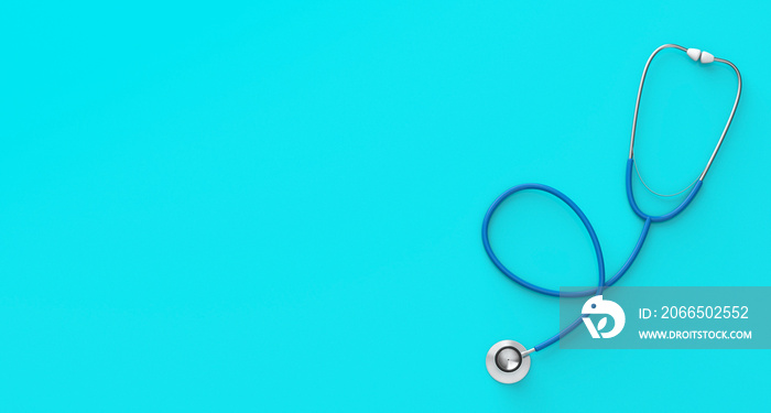 Blue stethoscope on a green background. Copy space for text. 3d render