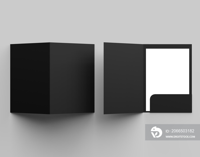 A4尺寸单袋加固黑色文件夹实物模型，灰色背景隔离。3D插图。